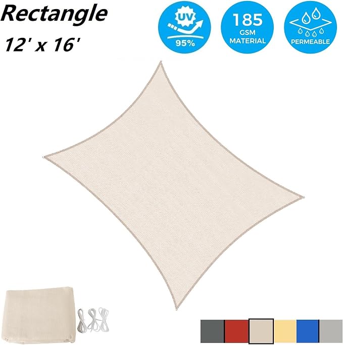 AsterOutdoor Sun Shade Sail Rectangle 12' x 16' UV Block Canopy - Image 2