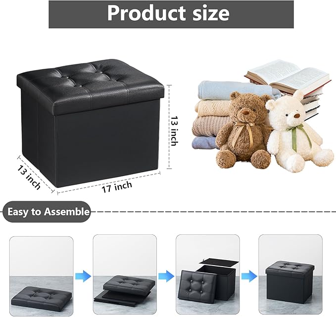 AmasSmile Storage Ottoman Folding Foot Rest Stool, Leather Footstool Bench - Image 3