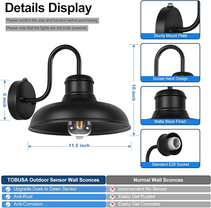 TOBUSA 2-Pack Dusk to Dawn Outdoor Wall Lights, Farmhouse Gooseneck Barn Lights - Image 5