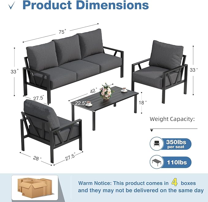Outdoor Patio Furniture Set, 4 Pieces Metal Patio Furniture Set - Image 2