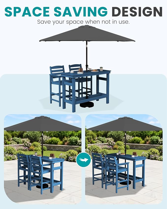 SERWALL Outdoor Bar Set with 9ft Umbrella, All-Weather HDPE Patio Bar Chairs - Image 3