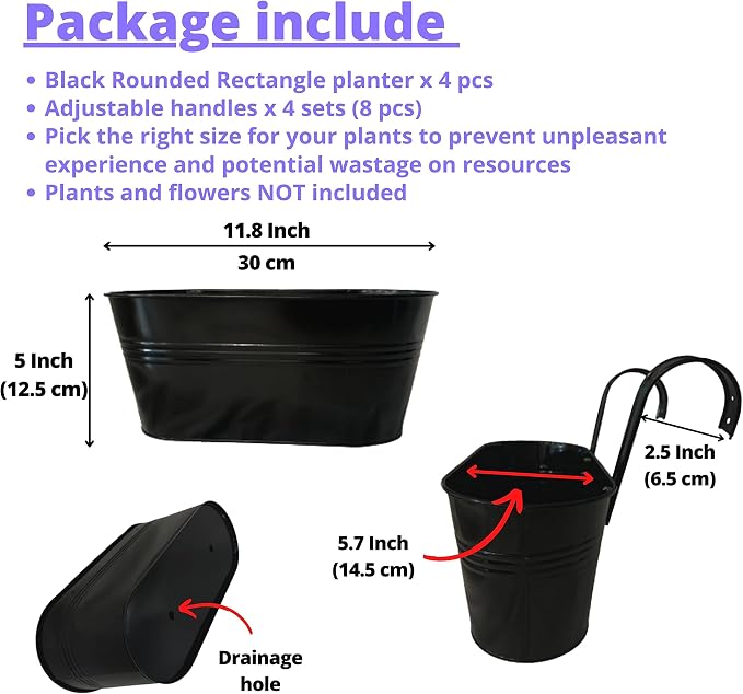 LaLaGreen Outdoor Rail Planter Black Metal Iron Hanging Flower Pots Deck - Image 2