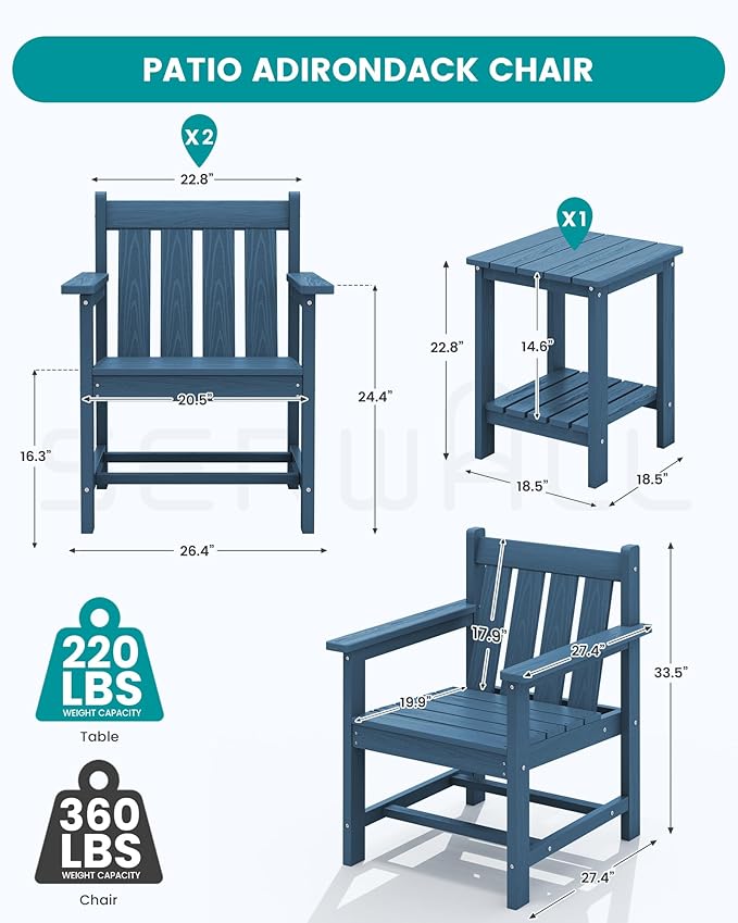 SEWRWALL Patio Furniture Set, HDPE Material All Weather Use Adirondack Chair Set - Image 3