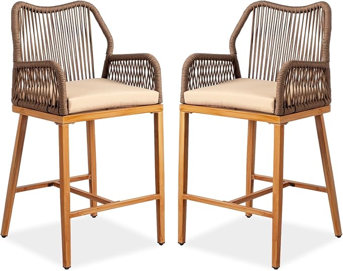 VINGLI Outdoor Counter Height Bar Stools Set of 2, Rattan Outdoor Barstools - Image 8