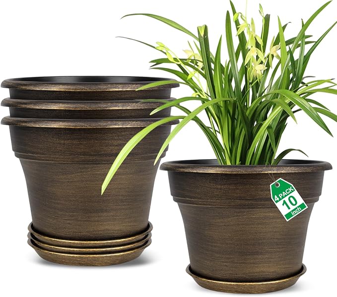 Plant Planters Pots Set of 4 Pack 10 Inch, Plastic Flower Pot by Fodetyff