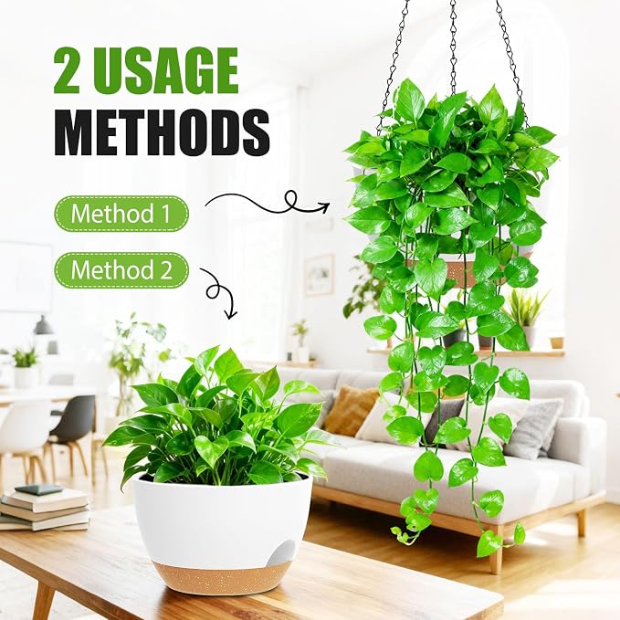 8 Inch Hanging Planters for Indoor Outdoor Plants, 4 Pack White Brown Plastic - Image 5