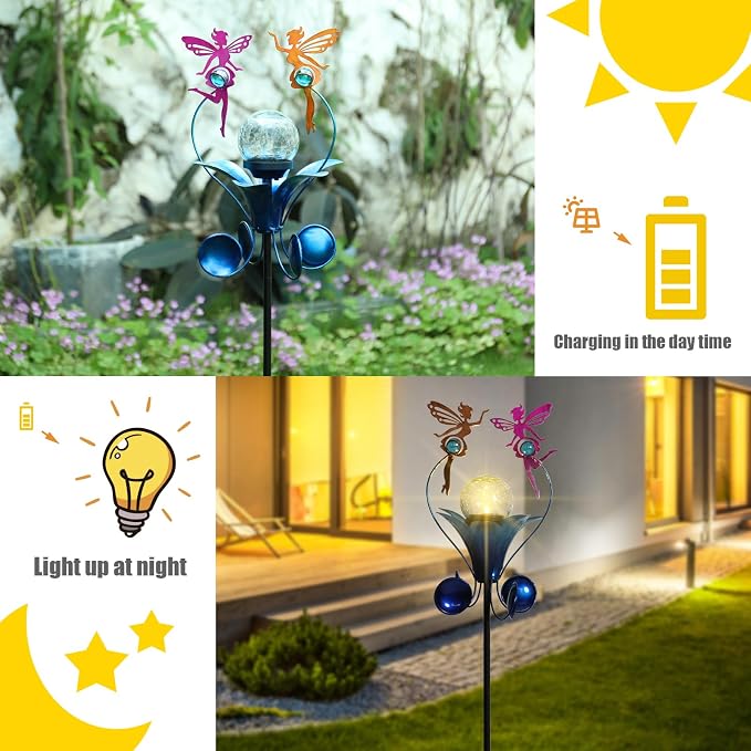VCUTEKA Solar Lights Outdoor Metal Garden Stake Waterproof Crackle Glass Globe - Image 3