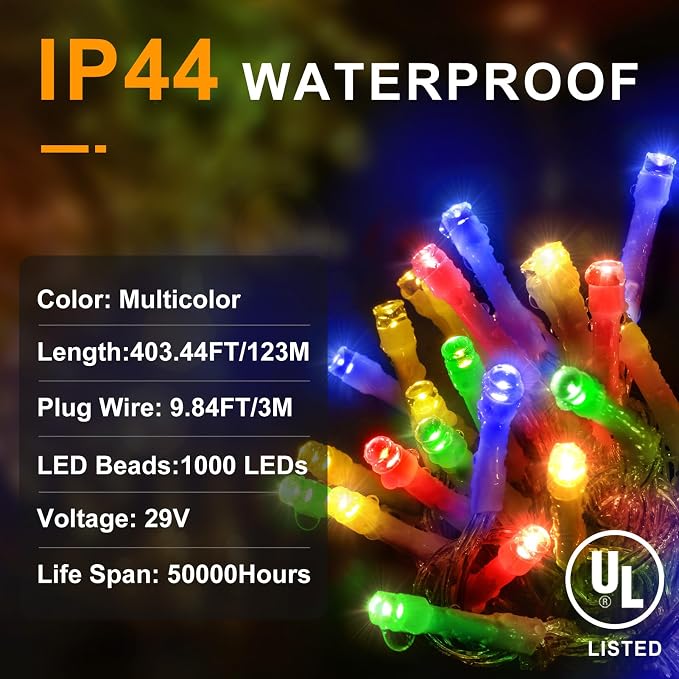 KNONEW 403ft 1000 LED String Lights Outdoor Christmas Lights 8 Modes & Timer - Image 7