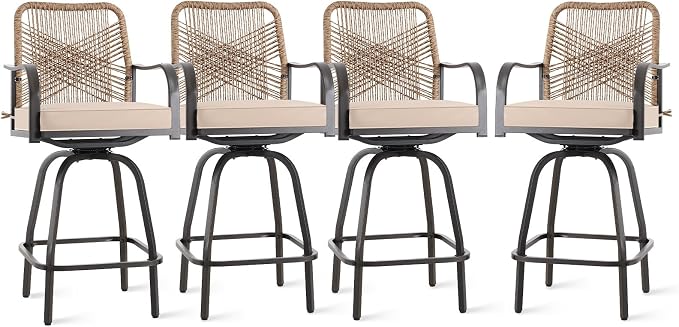 Outdoor Bar Stools Set of 4, 360° Swivel Metal Frame, Wicker Patio Bar Height by GOOGIC