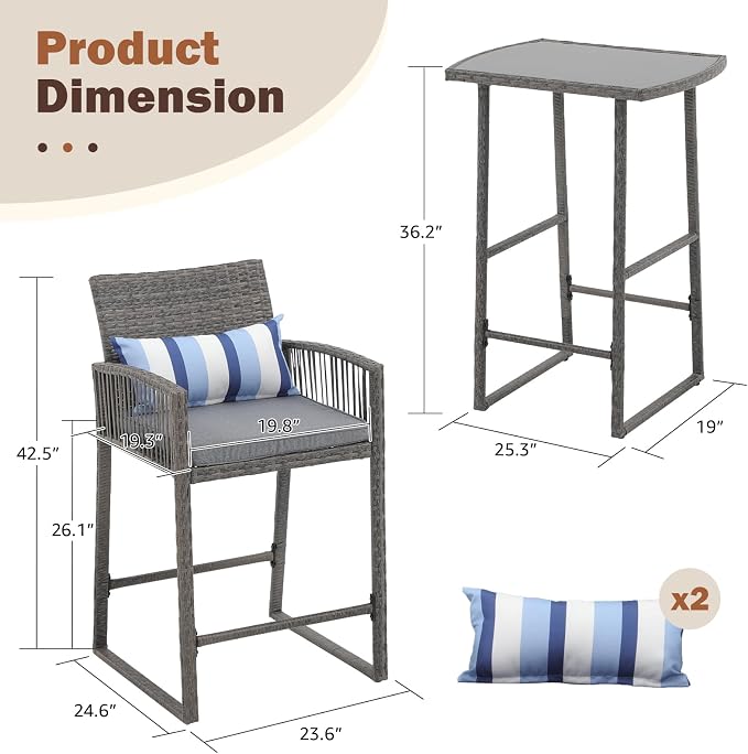SUNSITT 3-Piece Outdoor Wicker Bar Height Table Set, 2 Bar Stools and 1 Pub - Image 7