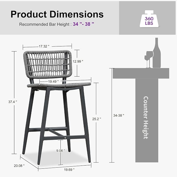 PURPLE LEAF Patio Counter Height Bar Stools Set of 4 Metal Bar Chairs - Image 3