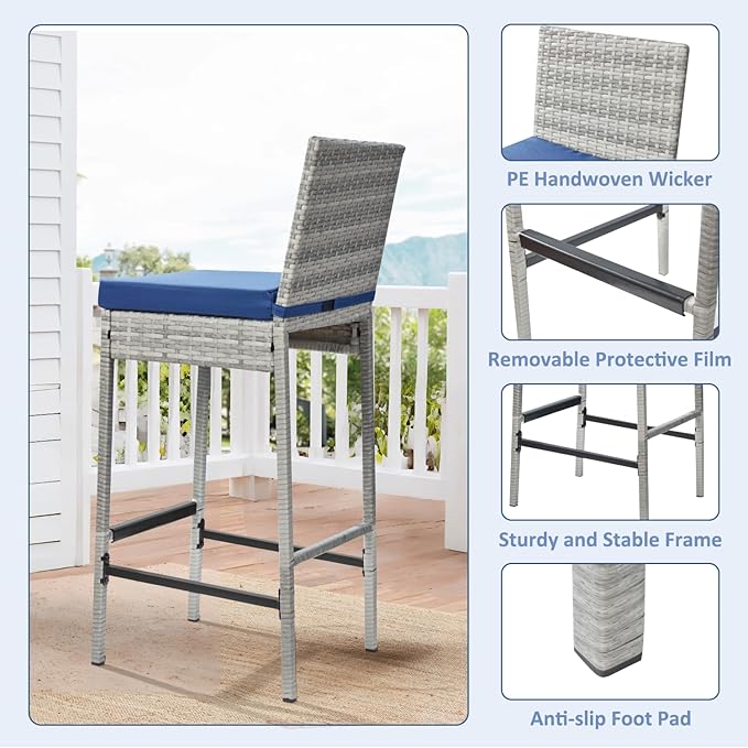 ECOTOUGE Outdoor Bar Stools, Wicker Woven Patio Stools & Patio Bar Chairs - Image 5