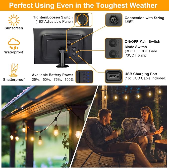 Mlambert 3-Color in 1 Solar String Lights Outdoor Waterproof Dimmable, 48ft - Image 4