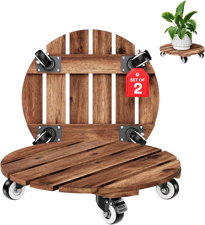 2pack Wood Plant Caddy With Wheels Heavy Duty Red Brown, 264 Lbs Capacity by Idzo