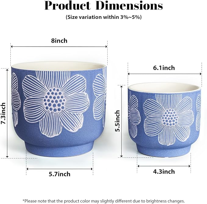 YBX 8 Inch + 6 Inch White Flower Pattern Plant Pots, Sand Glazed Ceramic Planter - Image 5