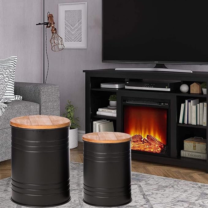 Glitzhome Rustic End Table Set of 2, Farmhouse Galvanized Metal Barrel Ottoman - Image 9