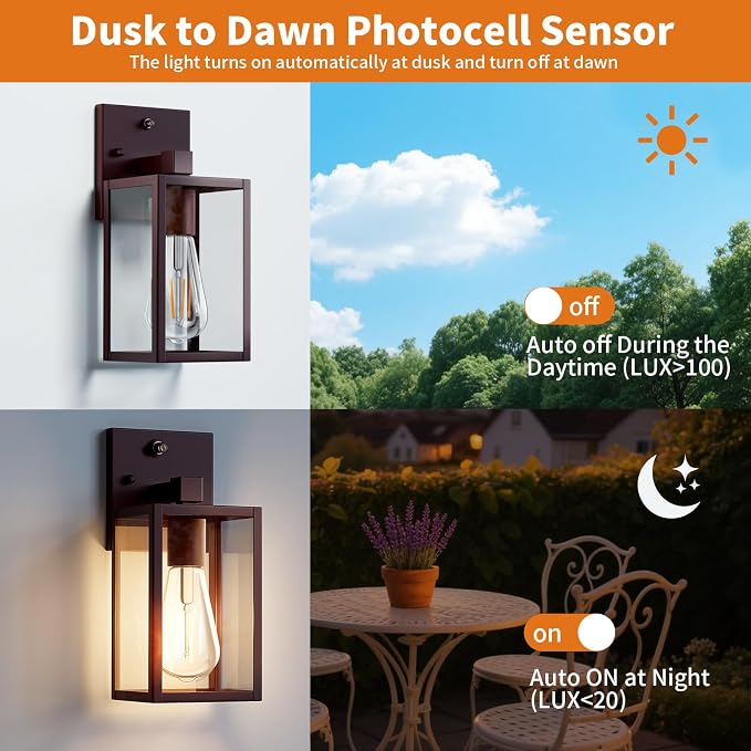 2 Pack Oil Rubbed Bronze Dusk to Dawn Outdoor Lantern Lamp Wall Mount, Sensor - Image 2
