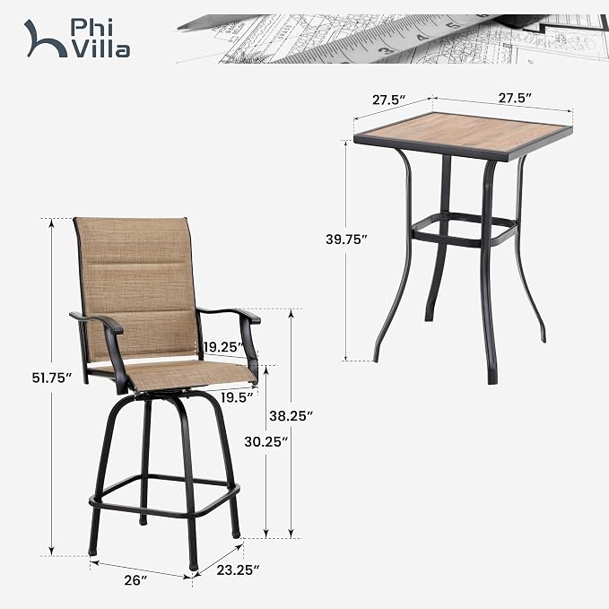 PHI VILLA 3 Piece Outdoor Swivel Bar Stools Set, Bar Height Patio Set - Image 3