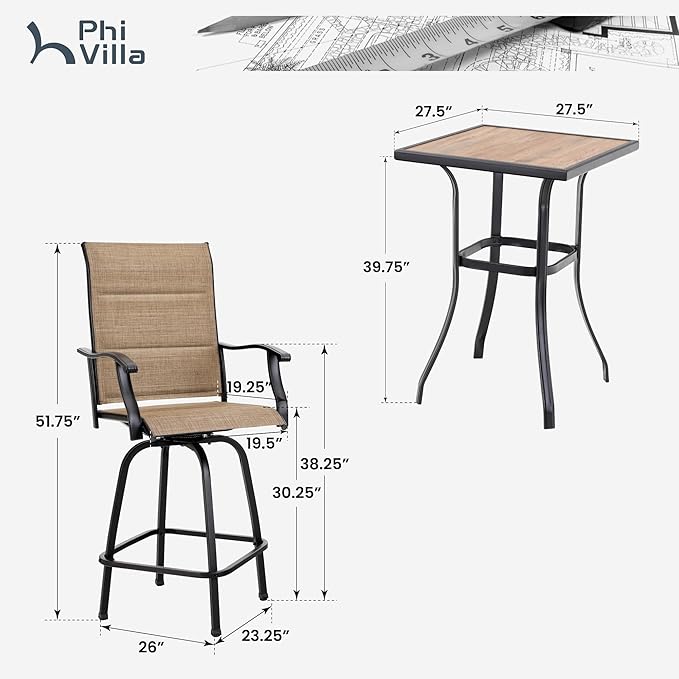 PHI VILLA Outdoor Bar Set with 4 Swivel Bar Height Patio Chairs, Wooden-Like - Image 9