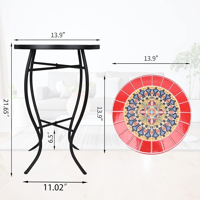 VCUTEKA Mosaic Outdoor Side Table, Living Room, Bistro Balcony or Lawn Red - Image 3