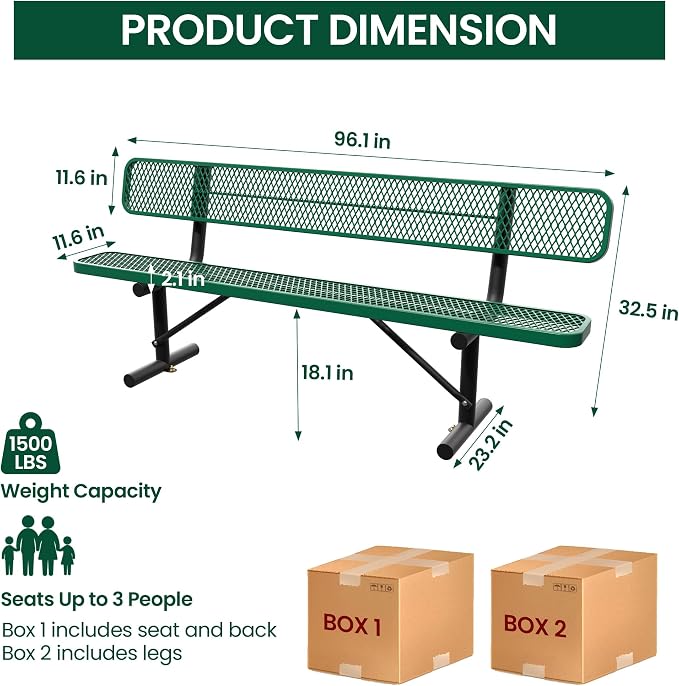 8 Feet Steel Park Bench for Outside, Outdoor Bench - Image 2
