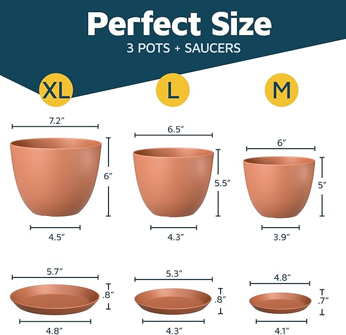 Terracotta Plant Pots with Drainage Holes & Saucers 3 Pack, Indoor & Outdoor - Image 2