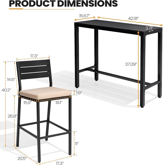 Crestlive Products Outdoor Bar Table and Chairs Set, 3 Piece Outside Patio Bar - Image 2