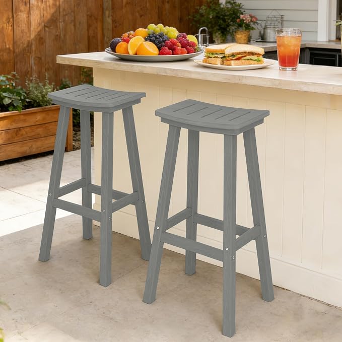 Outdoor Bar Stools Set of 2, 29 Inch All-Weather HDPE Bar Height Chairs - Image 7