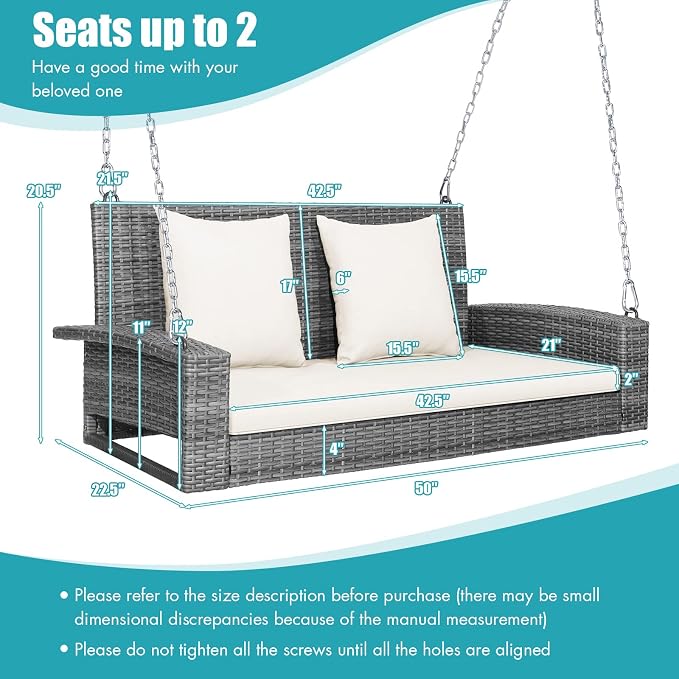 DORTALA Hanging Porch Swing, 2-Person Outdoor Wicker Swing Chair Bench - Image 7