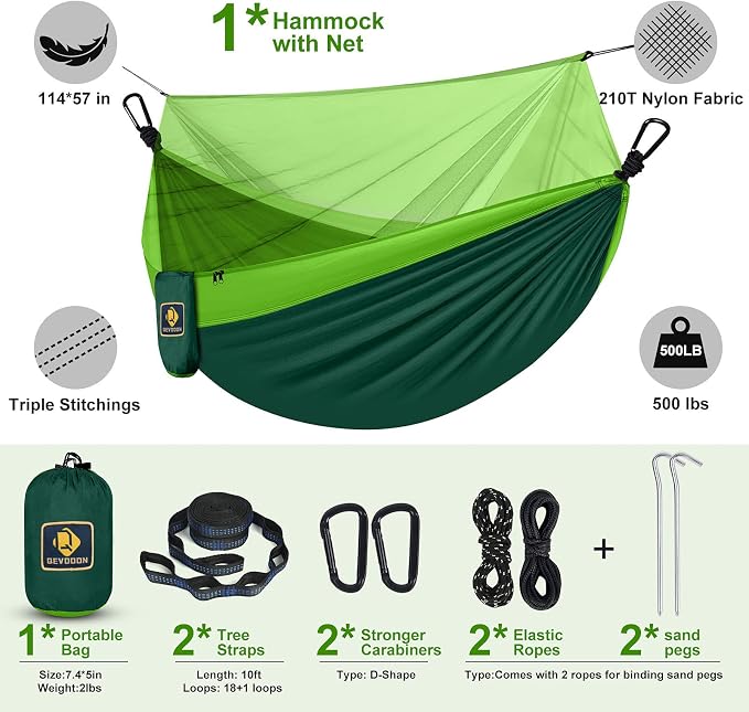 Camping Hammock with Net, Travel Portable Lightweight Hammocks with Tree Straps - Image 6