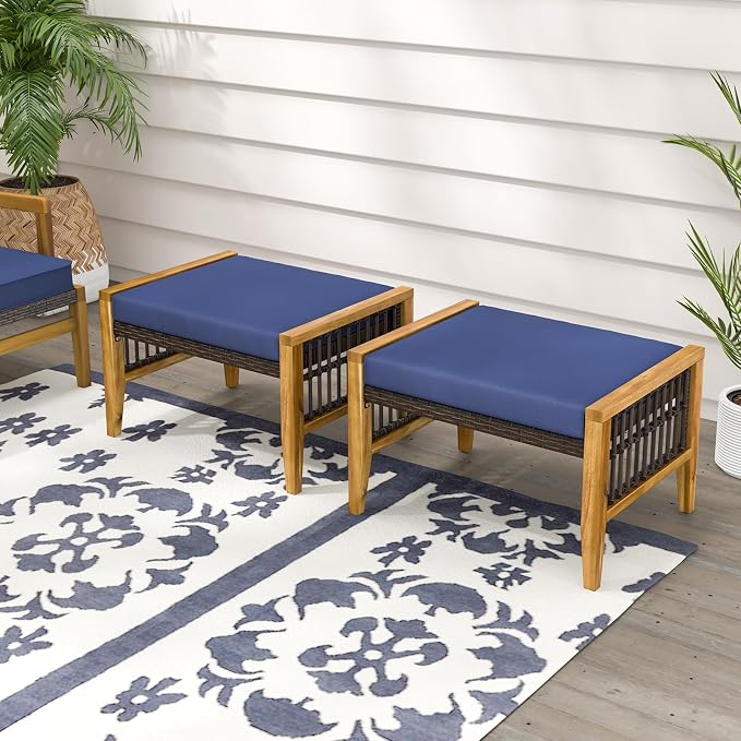 Tangkula Set of 2 Outdoor Ottomans, Patio Acacia Wood Ottomans - Image 3