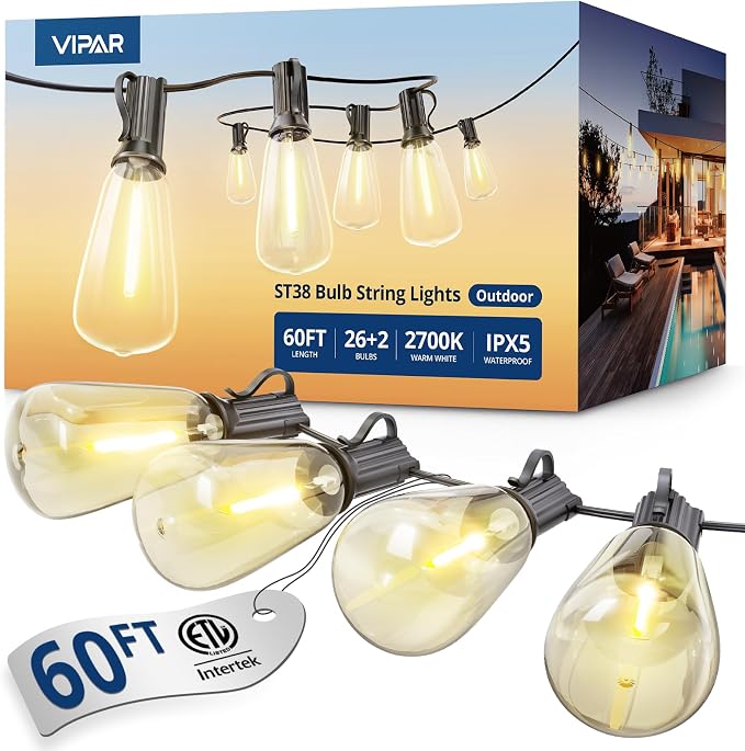 VIPAR Outdoor String Lights 60FT LED Patio Lights LED Waterproof by VIPAR