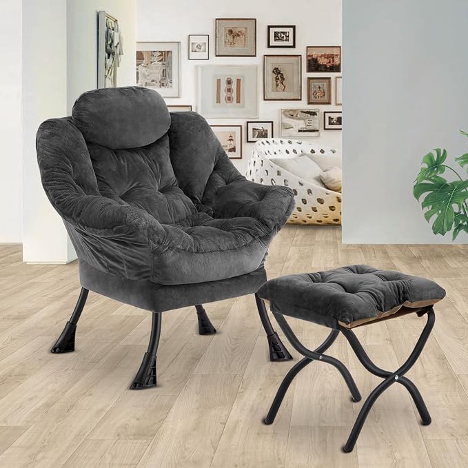 Lazy Chair with Folding Ottoman, Leisure Sofa Chair, Soft Fabric Armchair with - Image 2