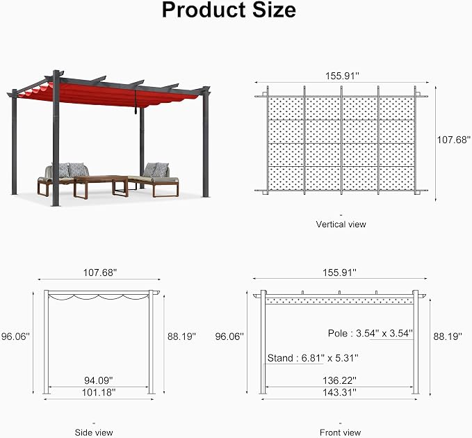 PURPLE LEAF 9.5' X 13' Outdoor Retractable Pergola Against The Wall - Image 7