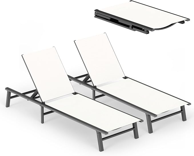 Ciokea Foldable Outdoor Lounge Chair Set of 2, No Assembly Aluminum Chaise by CIOKEA