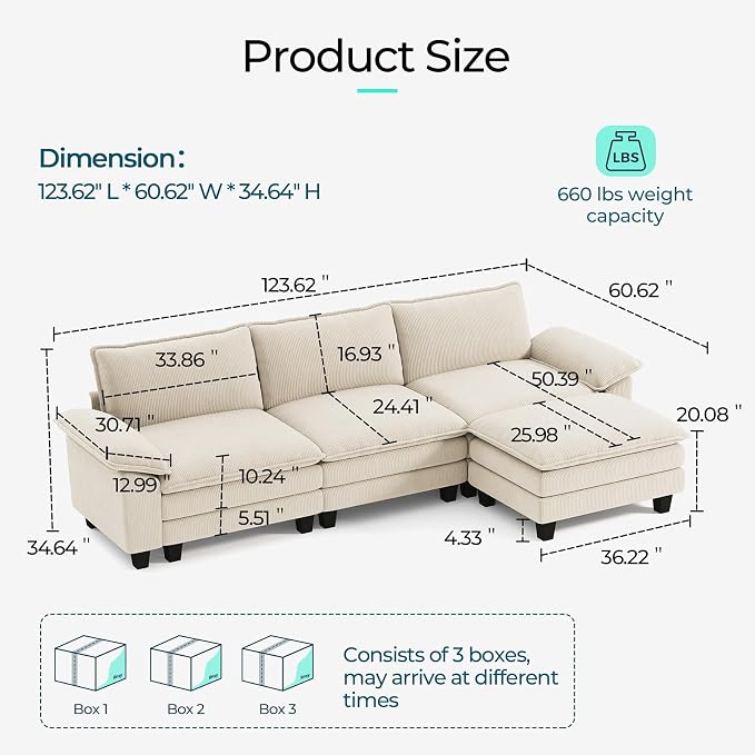 LINSY HOME 123'' Modular Sectional Sofa Beige Couch Corduroy Cloud Couches - Image 2