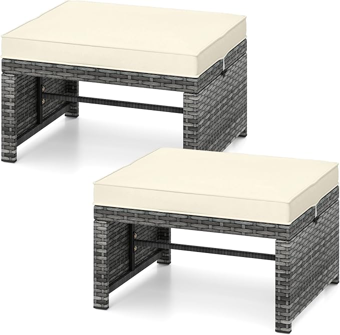 Tangkula 2 Pieces Patio PE Rattan Ottomans, and Yard by TANGKULA