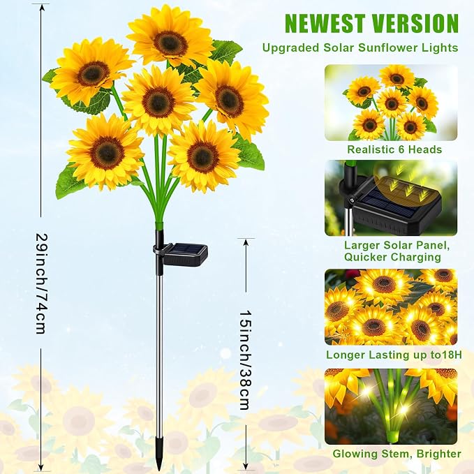 Sunflower Solar Lights Outdoor Decor, 4 Pack Solar Garden Decor 24 Waterproof - Image 5