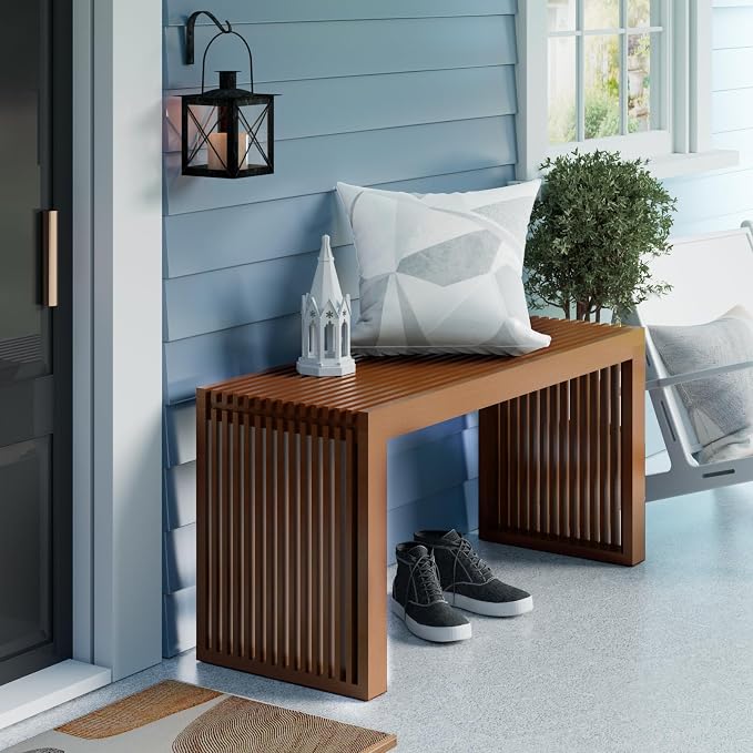 Bamboo Dining Bench Indoor Long Entryway Shoe Rack Bench, Outdoor Modern Wood - Image 5