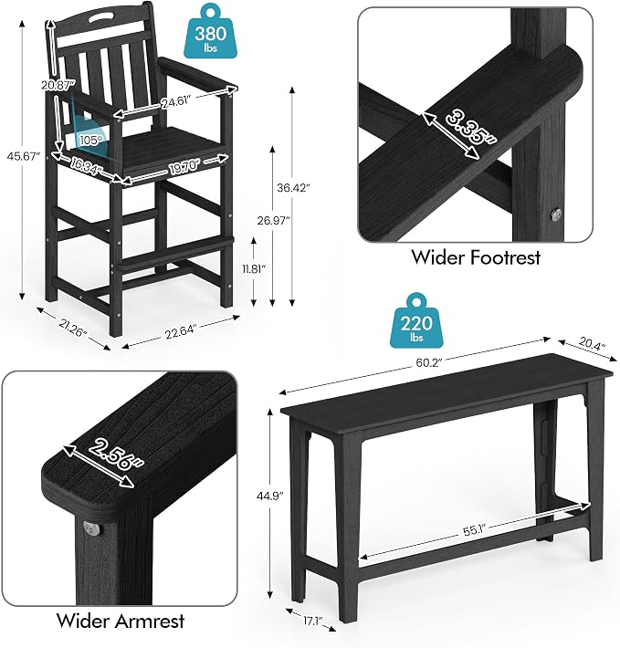 Ciokea 3 Pcs Outdoor Bar Height Table Set, Heavy-Duty All-Weather HDPE Patio - Image 3