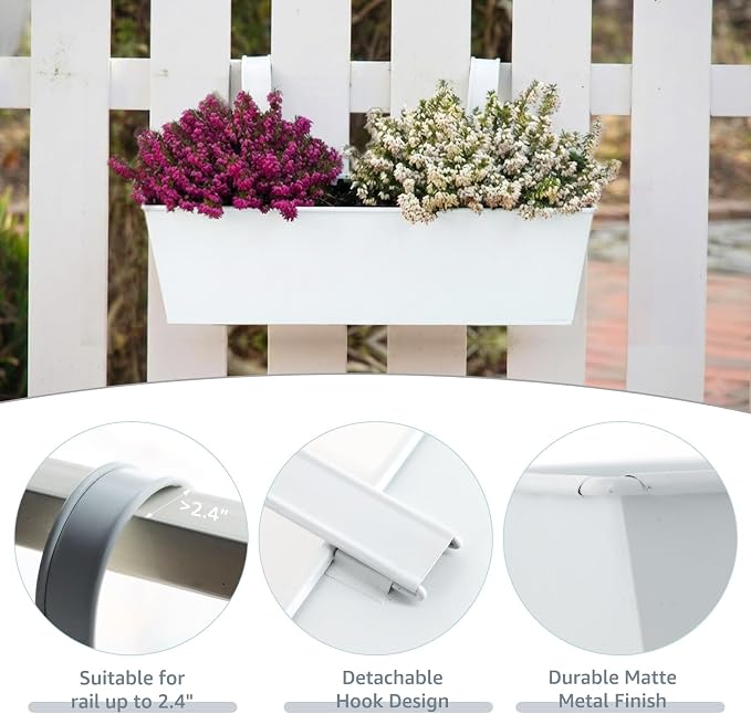 3 Pack Metal Railing Planters, 16 Inch Large Rectangular Hanging Flower Pots - Image 3