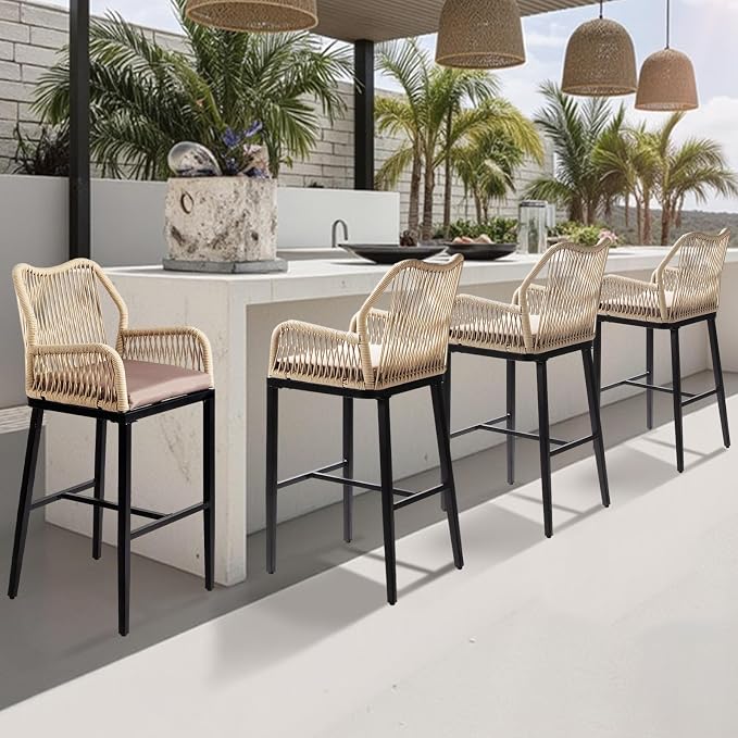 VINGLI Outdoor Bar Stools Set of 2, Heavy-Duty Outdoor Barstools Boho Woven - Image 2