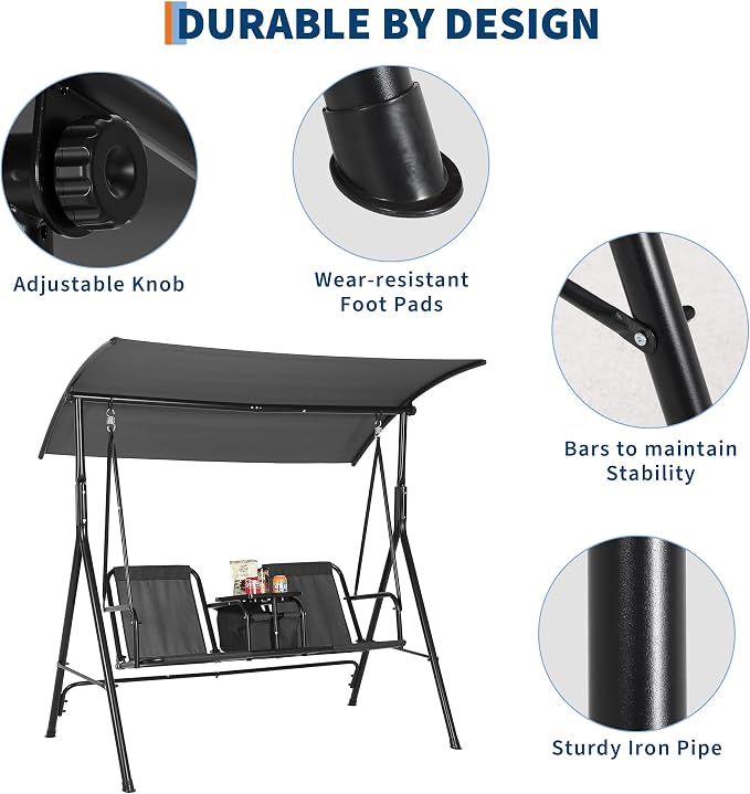 2-Person Porch Swing with Cup Holders, Pivot Storage Table & Cooler Bag - Image 4