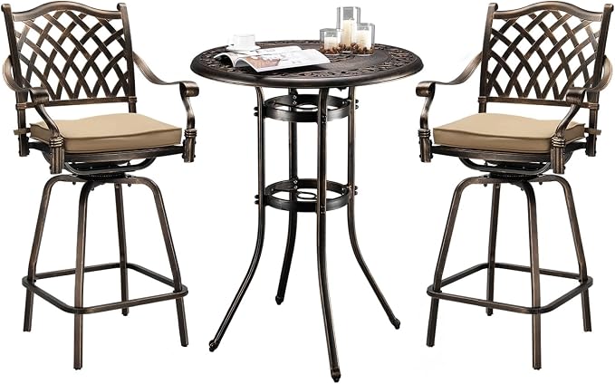 VINGLI 3 Piece Outdoor Patio Bar Set, Cast Aluminum Outdoor Swivel Bar Stools by VINGLI