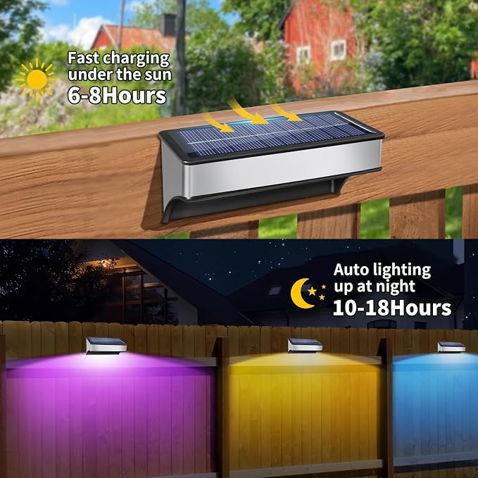 4 Pack Solar Fence Lights Outdoor RGB Color Changing and 10 Fix Colors - Image 2
