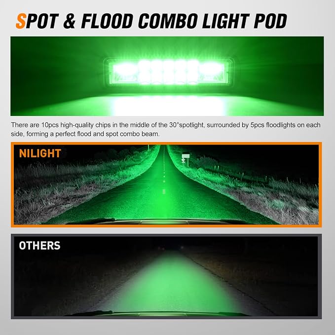 Nilight 6 Inch Green LED Light Pods 2 PCS 60W Flood Spot Combo Beam Off Road - Image 4