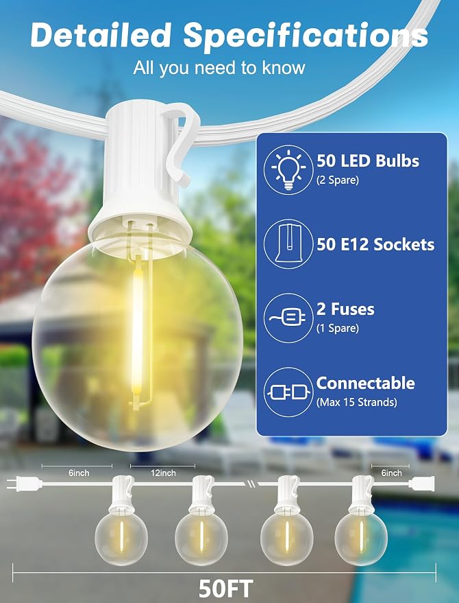 SUNSGNE White String Lights Outdoor, 50FT White Outdoor Lights - Image 2
