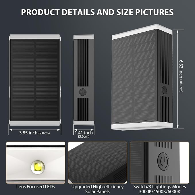 Solar Wall Light Outdoor, 3000/4000/6000K 3 Modes Dusk to Dawn Lighting Wall - Image 2