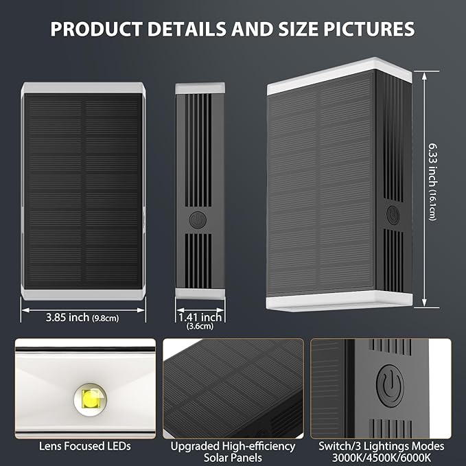 Solar Wall Light Outdoor, 3000/4000/6000K 3 Modes Dusk to Dawn Lighting Wall - Image 2