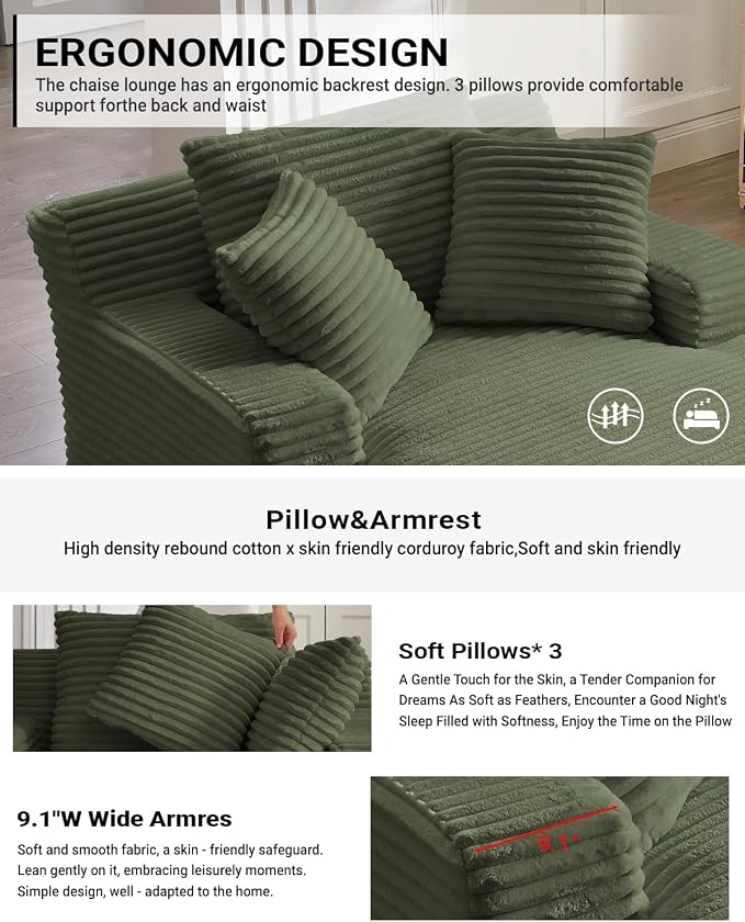 67 Inch Chaise Lounge Chair Indoor, Oversized Corduroy Upholstered Boneless - Image 5